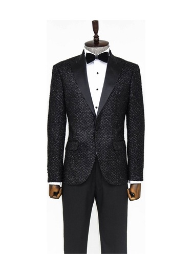 Wessi Kareli Desenli Simli Siyah Erkek Smokin Ceket Siyah