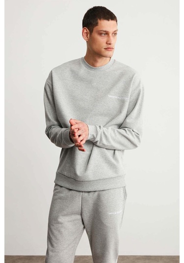 Raırok  Erkek İçi Polarlı Comfort Oversize Nakışlı Grimelanj Sweat