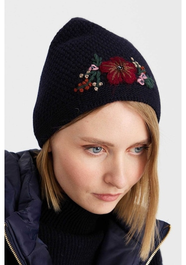 Desen Triko Kadın İşlemeli Yün Bere 22028 Koyu Lacivert