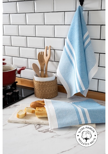 45x65, 2'li Kurulama Bezi, %100 Pamuk Yüksek Su Emici Mavi