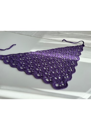 Kadın El Örgüsü Üçgen Saç Bandana / Bel Aksesuarı Mor
