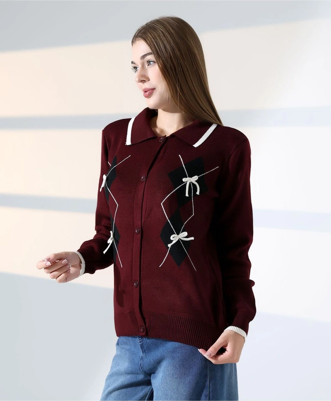 Baklava Desen Polo Yaka Kadın Kazak Bordo