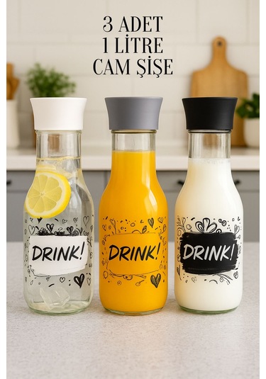 Rotanev 3 Adet Desenli Detoks Özellikli Cam Sürahi & Karaf Su Meşrubat Şişesi