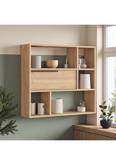 Robin Home Mutfak Salon Duvar Rafı Kitaplık 90cm Kapaklı Sepet Kahverengi