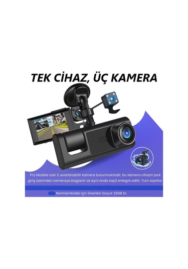 3 Kamerali Arac Guvenlik Kamerasi - 1296p On + Ic + Arka - Wifi - 24s Park Modu - G-sensor