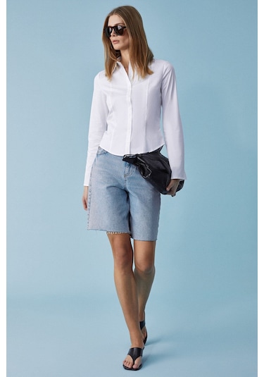 GRINNE Kadın Slim Gömlek Yaka Uzun Kollu İnce Uzun Beyaz Gömlek