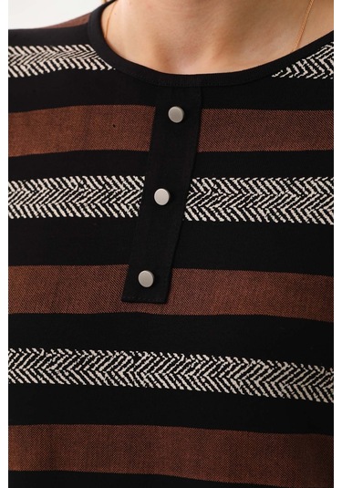 Sistas Kadın Desenli Bisiklet Yaka Uzun Kol Bluz 23596 Siyah