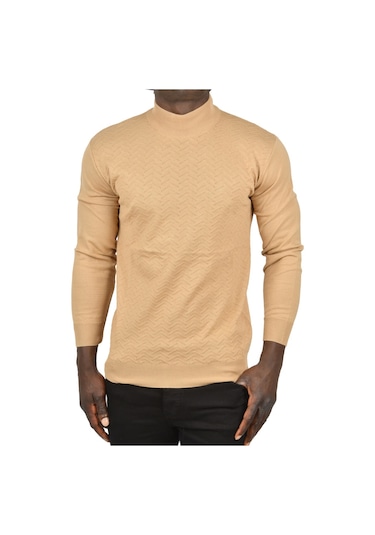 Deepsea Erkek Camel Zigzag Desenli Yarım Balıkçı Yaka Dar Kesim Boğazlı Triko Kazak 2505496 Camel