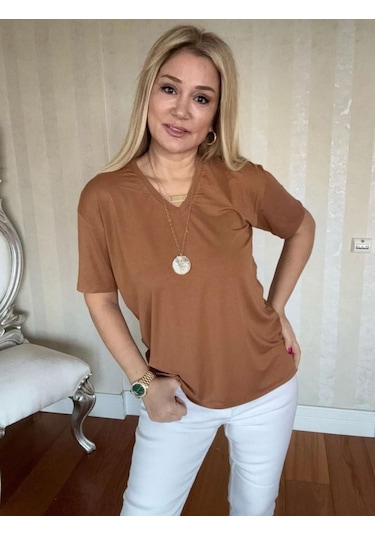 Kadın Kısa Kollu V Yaka Bluz Kiremit