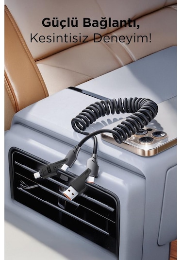 Torima U110 Siyah 4'ü 1 Arada Type-C Lightning Usb-A 65 W Super Hızlı Akordiyonlu Şarj Kablosu