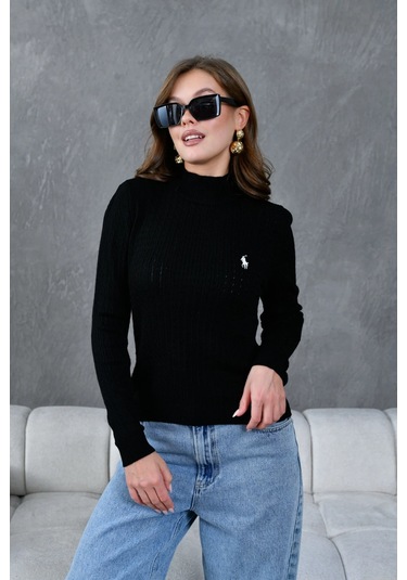 Kadın Dik Yaka Saç Örgü Nakış Detaylı Triko Kazak Siyah