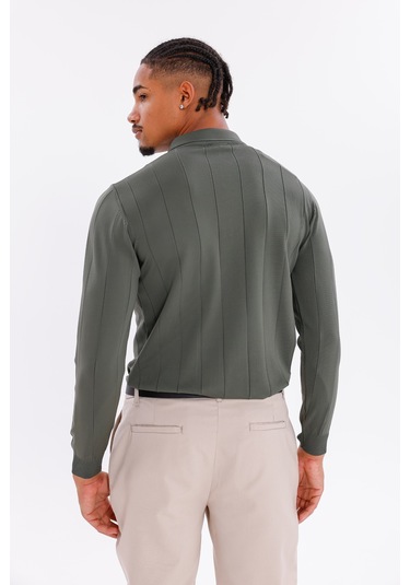 Monox Erkek Yarım Fermuarlı Polo Yaka Triko Kazak Haki