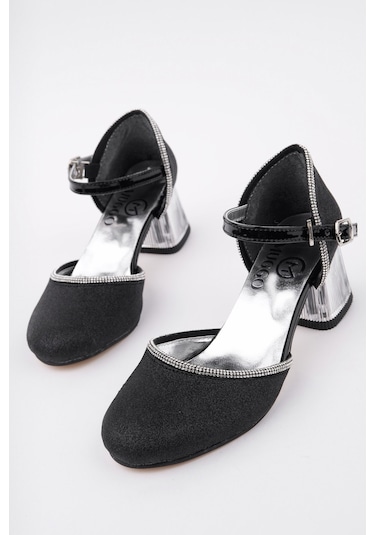 Muggo Else Bilekten Bağlamalı Simli Kız Çocuk Kısa Topuklu Ayakkabı Siyah