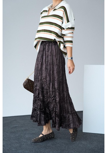 Saten Uzun Etek - Kahve Kahve