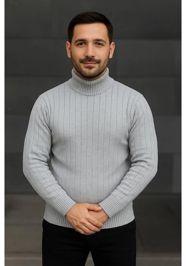 Balıkcı Yaka Bağazlı Triko Kazak Pamuklu Kalın Fitilli Dokuma, - Gri Gri