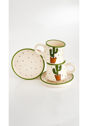 2 Li Takım Kaktüs Desenli El Yapımı Kazan Seramik Kahve Fincanı, Kahve Fincanı Beyaz