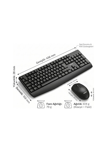 Philips SPT6337 Kablosuz Türkçe Q Klavye & Mouse Seti Siyah