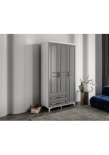 GuneyStore Gözde 3 Kapaklı Komple MDF Antrasit - Beyaz Gardırop