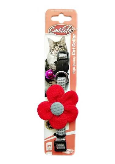 Catlife Çıngıraklı Çiçekli Kedi Boyun Tasması Kırmızı 30 CM