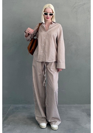 Madmext Camel Çizgili Gömlek Pantolon Kadın Takım Mg2457 Camel