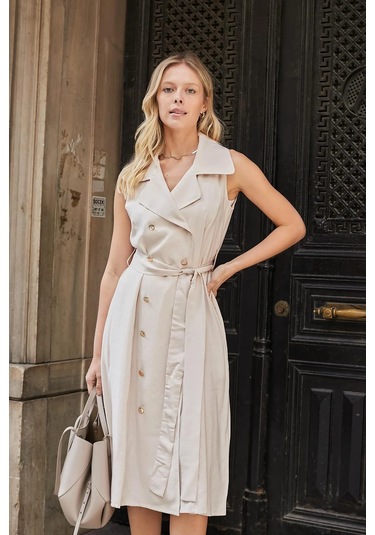 Kadın İpeksi Modal Likrasız Kumaş Anvelop Kruvaze Yakalı Cepli Bağcıklı Midi Boy Diz Altı Elbise-bej Bej