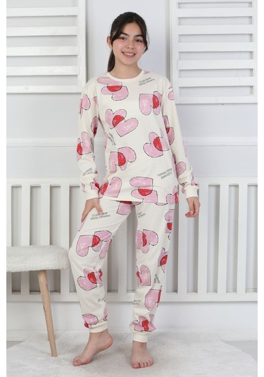 Tangled Hearts Desenli Kız Çocuk Pijama Takımı 8-13 Ekru