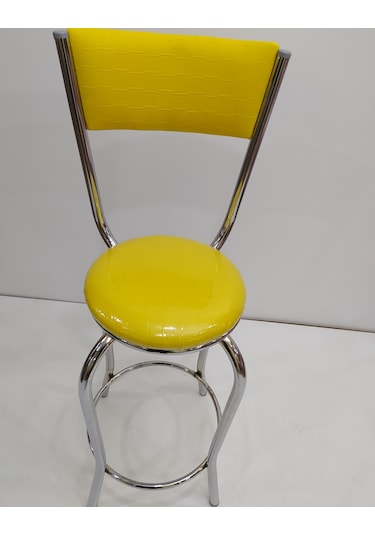 Sandalye BAR Tipi Yüksek Model 4adet SARI Suni deri döşem Metal Transmisyon Çelik nikelaj El Yapım Abanoz