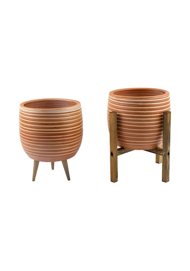 Bitki Tasarımı Ev Dekorasyon Yan Çizgi Desenli Toprak Saksı Saksılık Salon Çiçeklik İkili Set 3 Ayaklı- 4 Ayaklı- 19 Cm