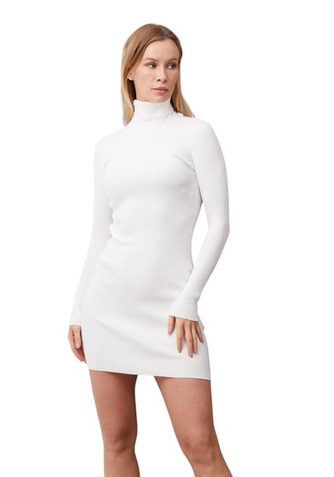 Balıkçı Yaka Triko Elbise Beyaz