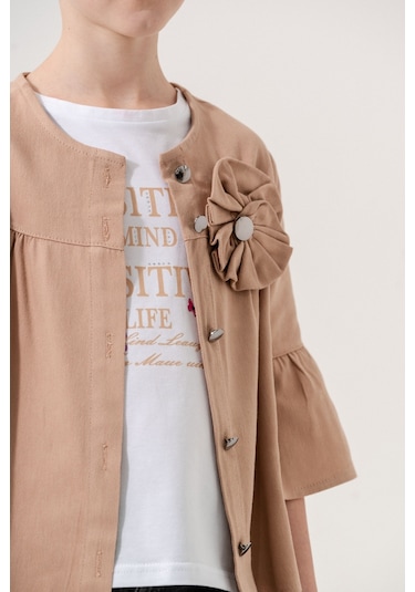 Kız Çocuk Çiçek Gömlekli İkili Kız Takım 3127 Bej