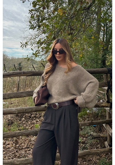 Vizon Kayık Yaka Kazak - 4338 Vizon