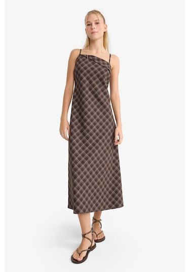 Defacto Coool Çapraz Yaka Kareli Askılı Midi Elbise E4397ax25aubn549 Kahve