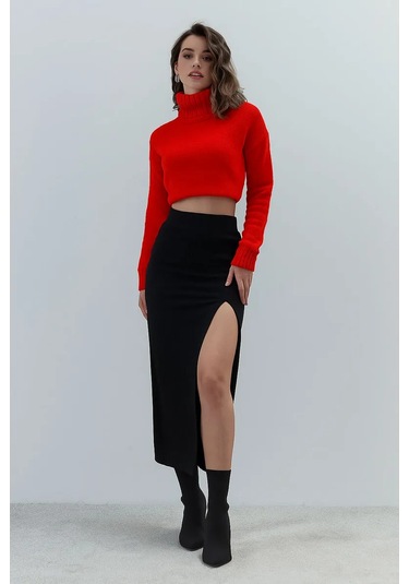 Fashion Fit Uzun Yırtmaçlı Spagetti Etek 216466492 Siyah