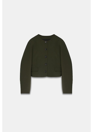 Kadın Açık Haki Balon Kol Crop Blazer Açık Haki