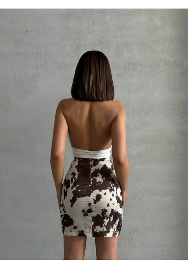 Kadın Desenli Saten Etek Ekru