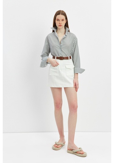 Stella Pulvis Krem Cepli Nervürlü Mini Etek Krem