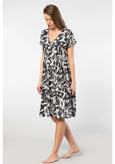 Türen 3602 Kadın Kısa Kollu Dokuma Kloş Elbise-siyah Siyah