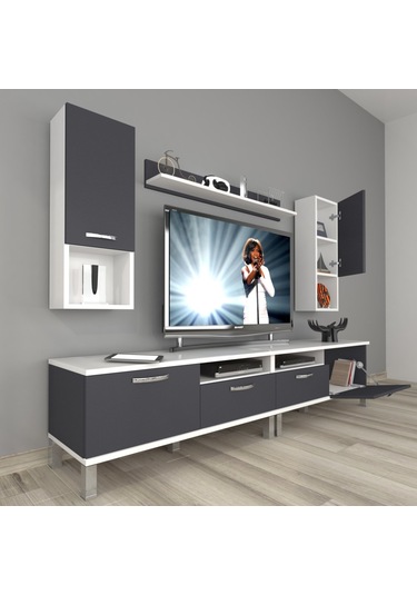 Decoraktiv Eko 5200da Mdf Krom Ayaklı Tv Ünitesi Tv Sehpası Beyaz - Antrasit