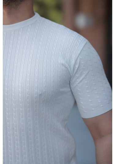 Erkek Bisiklet Yaka Örgü Desenli Kısa Örme Triko Kısa Kollu T-shirt Beyaz