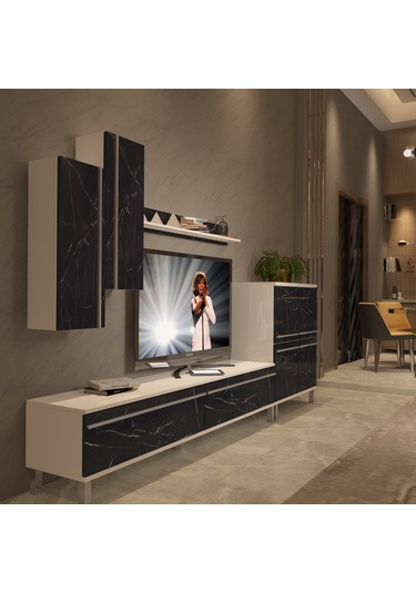 Decoraktiv Eko 6 Mdf Std Krom Ayaklı Tv Ünitesi Tv Sehpası Beyaz - Siyah Mermer