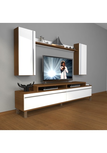 Decoraktiv Ekoflex 7 Mdf Krom Ayaklı Tv Ünitesi Tv Sehpası Ceviz - Beyaz