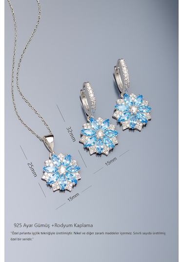 Aquamarin Taşlı Pırlanta Model Lotus Çiçeği Kadın Gümüş Set Gümüş