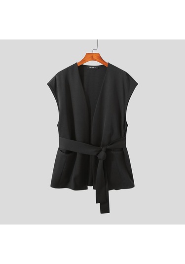 Incerun Erkek Moda Kolsuz Yelek Kemerli Üstler Açık Ön Hırka Düz Renk Yelek Bluz Siyah