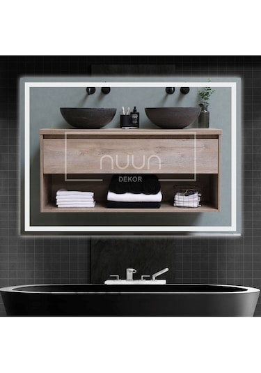 Nuun Dekor 90x70cm Beyaz Ledli Kumlamalı Banyo Aynası Trafolu Beyaz