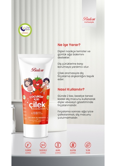 Balen Doğal Çocuklar İçin Çilek Özlü Diş Macunu 75 Ml Beyazlık