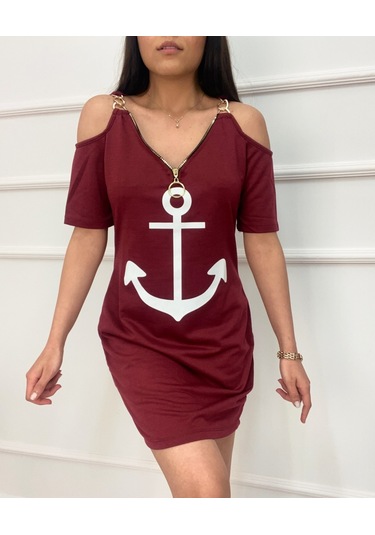 The İstanbul Fermuar Detay Çıpa Baskılı Zincir Askılı Iki Iplik Elbise - Bordo Bordo