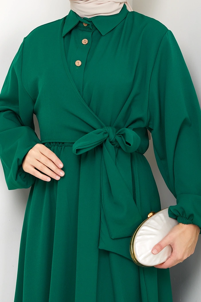 Çapraz Bağlamalı Gömlek Yaka Elbise 1636 - Zümrüt Yeşili Zümrüt Yeşili
