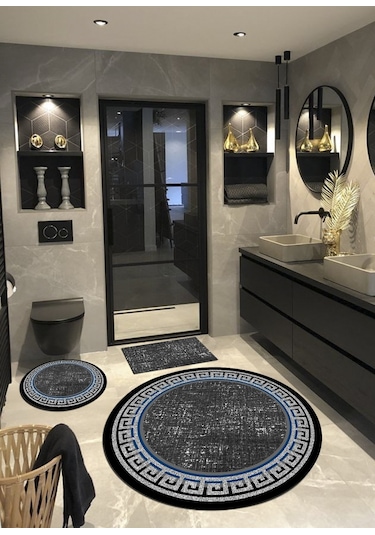 Zincir, Pamuk Dokuma Taban, Yuvarlak Banyo Halısı, 100x100-60x60-40x60 Cm 3 Lü Set Siyah