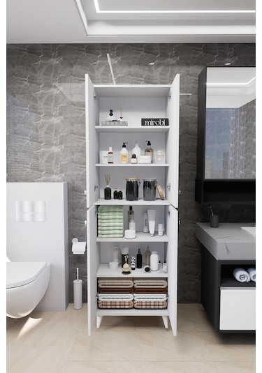 Furex 6 Raflı 2 Kapaklı Çok Amaçlı Banyo Dolabı Beyaz Beyaz