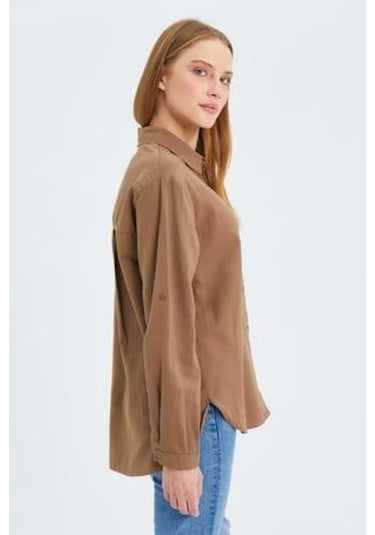 Mixray 9942 Kadın Oxford Uzun Kol Basic Gömlek Vizon